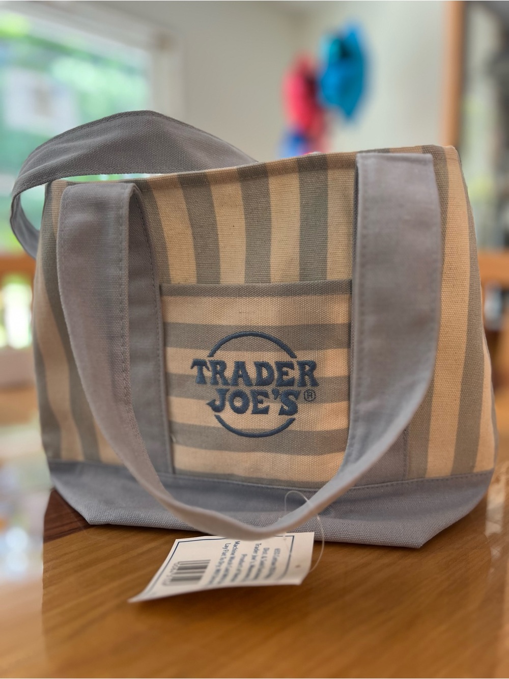 Trader Joe's Blue and Cream Striped Canvas Tote